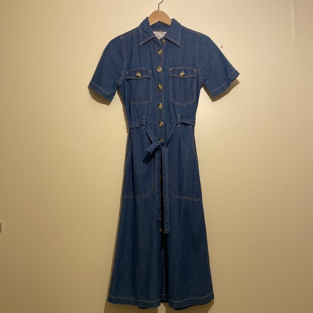 Leon & Harper Midi Belted Denim Cotton Dress With Pockets . Size Xs. New